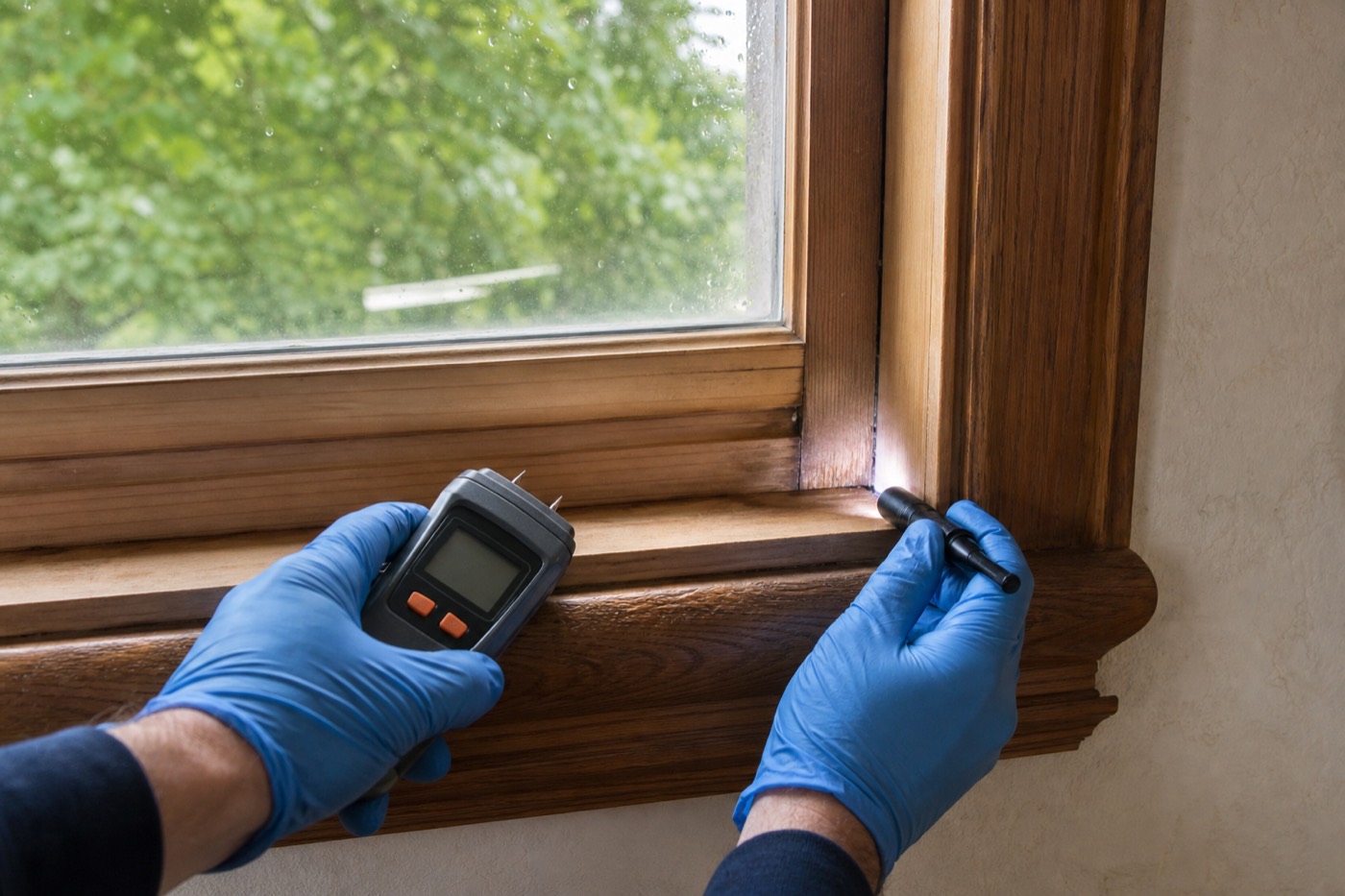 Technician checking moisture near a window